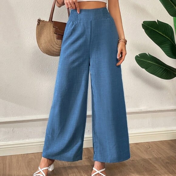 Blue Casual Women's High Waist Wide Leg Pants - Picture 1 of 6